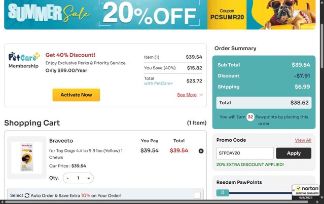 Pet Care Supplies checkout page showing Pet Care Supplies coupon code box | Screenshot taken by SimplyCodes community member on Aug 10, 2025