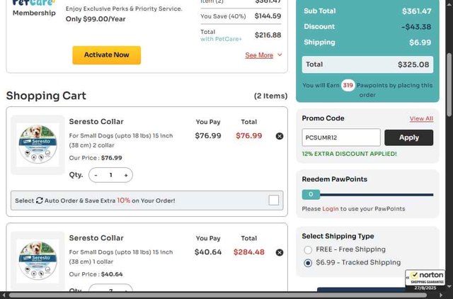 Pet Care Supplies checkout page showing Pet Care Supplies coupon code box | Screenshot taken by SimplyCodes community member on Aug 27, 2025