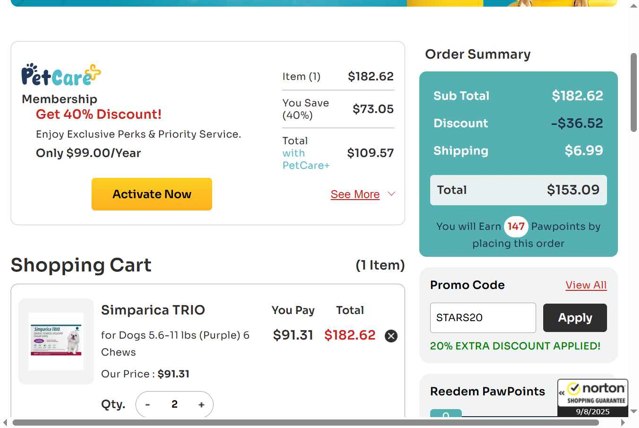 Pet Care Supplies checkout page showing Pet Care Supplies coupon code box | Screenshot taken by SimplyCodes community member on Aug 10, 2025