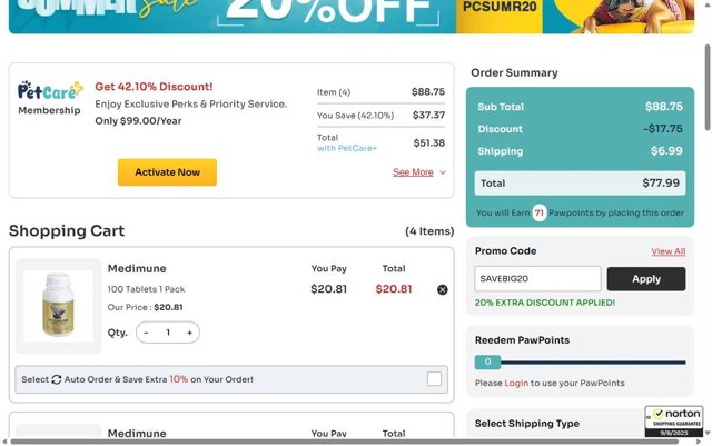 Pet Care Supplies checkout page showing Pet Care Supplies coupon code box | Screenshot taken by SimplyCodes community member on Aug 10, 2025