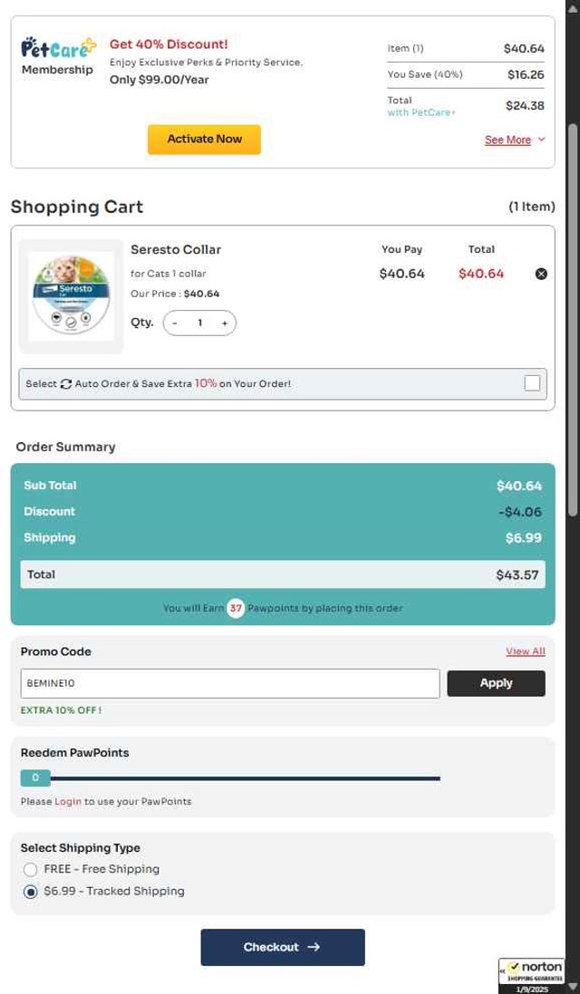 Pet Care Supplies checkout page showing Pet Care Supplies coupon code box | Screenshot taken by SimplyCodes community member on Sep 1, 2025