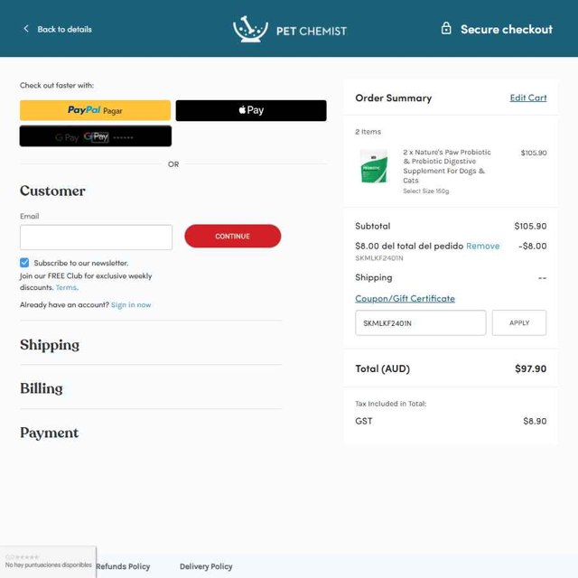Pet Chemist AU checkout page showing Pet Chemist AU promo code box | Screenshot taken by SimplyCodes community member on Jul 19, 2025