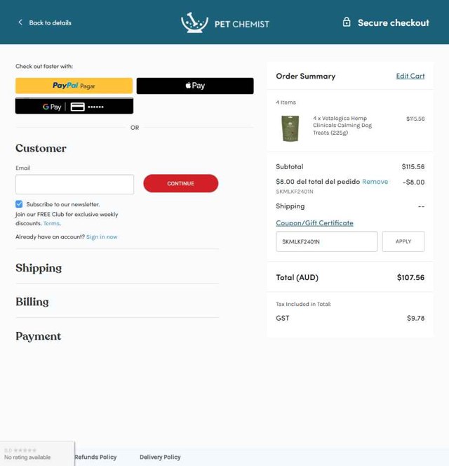 Pet Chemist AU checkout page showing Pet Chemist AU promo code box | Screenshot taken by SimplyCodes community member on Jul 19, 2025