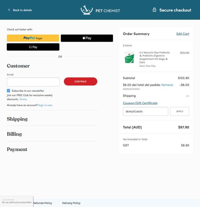 Pet Chemist AU checkout page showing Pet Chemist AU promo code box | Screenshot taken by SimplyCodes community member on Jul 19, 2025