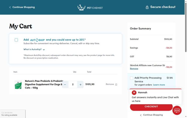 Pet Chemist AU checkout page showing Pet Chemist AU promo code box | Screenshot taken by SimplyCodes community member on Aug 7, 2025