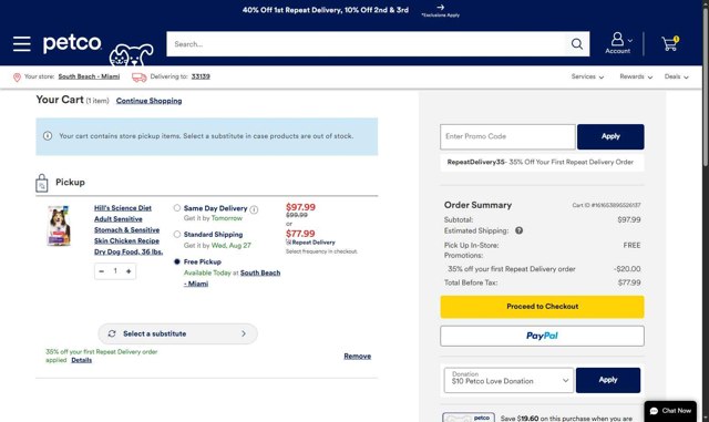 Petco checkout page showing Petco promo code box | Screenshot taken by SimplyCodes community member on Aug 23, 2025