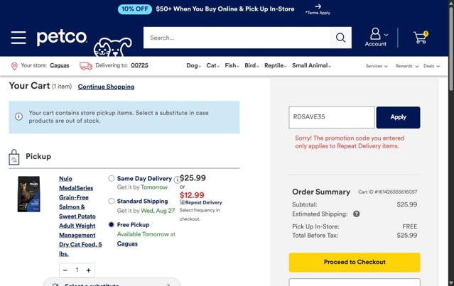 Petco checkout page showing Petco promo code box | Screenshot taken by SimplyCodes community member on Aug 20, 2025