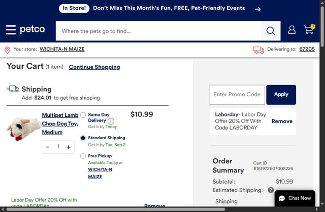 Petco checkout page showing Petco promo code box | Screenshot taken by SimplyCodes community member on Aug 29, 2025