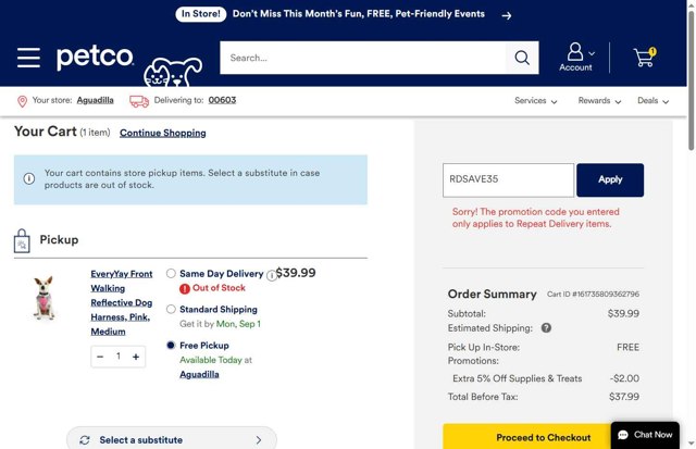 Petco checkout page showing Petco promo code box | Screenshot taken by SimplyCodes community member on Aug 25, 2025