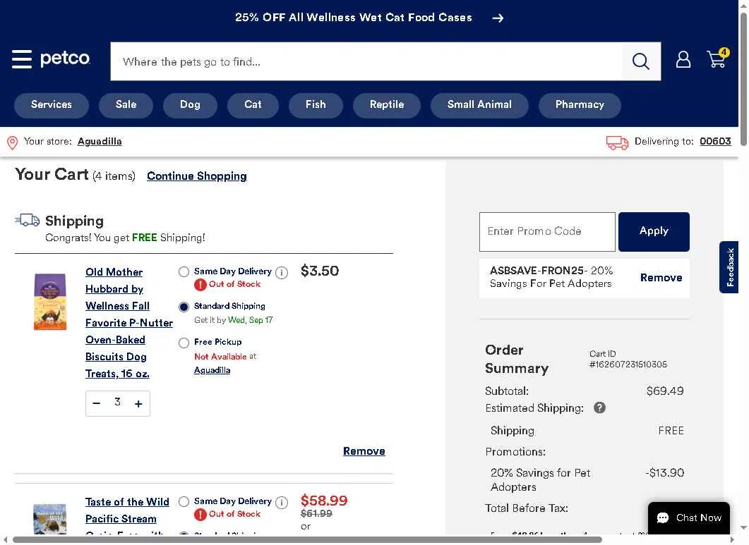 Petco checkout page showing Petco promo code box | Screenshot taken by SimplyCodes community member on Sep 8, 2025