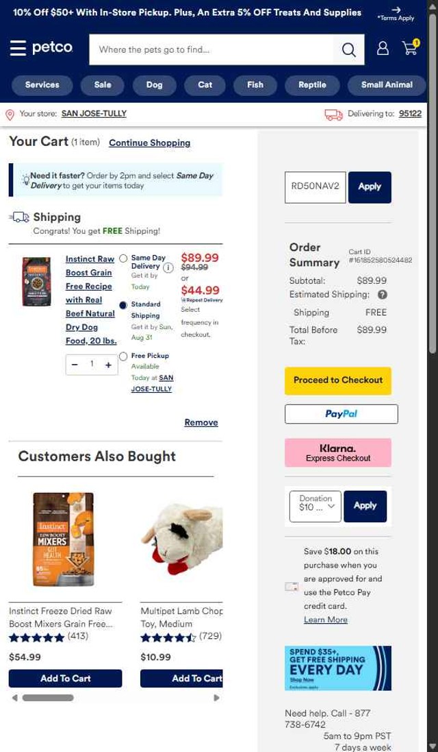 Petco checkout page showing Petco promo code box | Screenshot taken by SimplyCodes community member on Aug 27, 2025