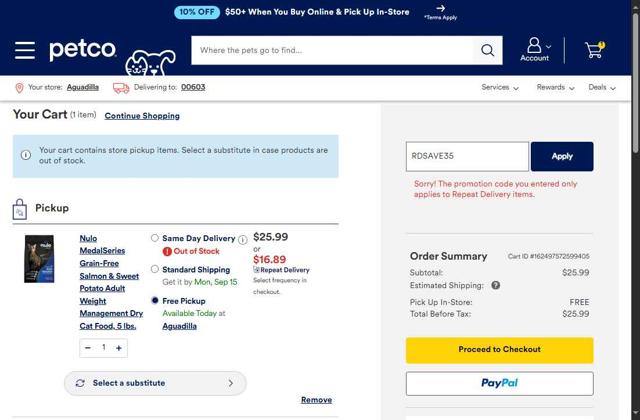 Petco checkout page showing Petco promo code box | Screenshot taken by SimplyCodes community member on Sep 6, 2025