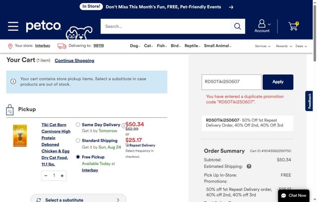 Petco checkout page showing Petco promo code box | Screenshot taken by SimplyCodes community member on Aug 20, 2025