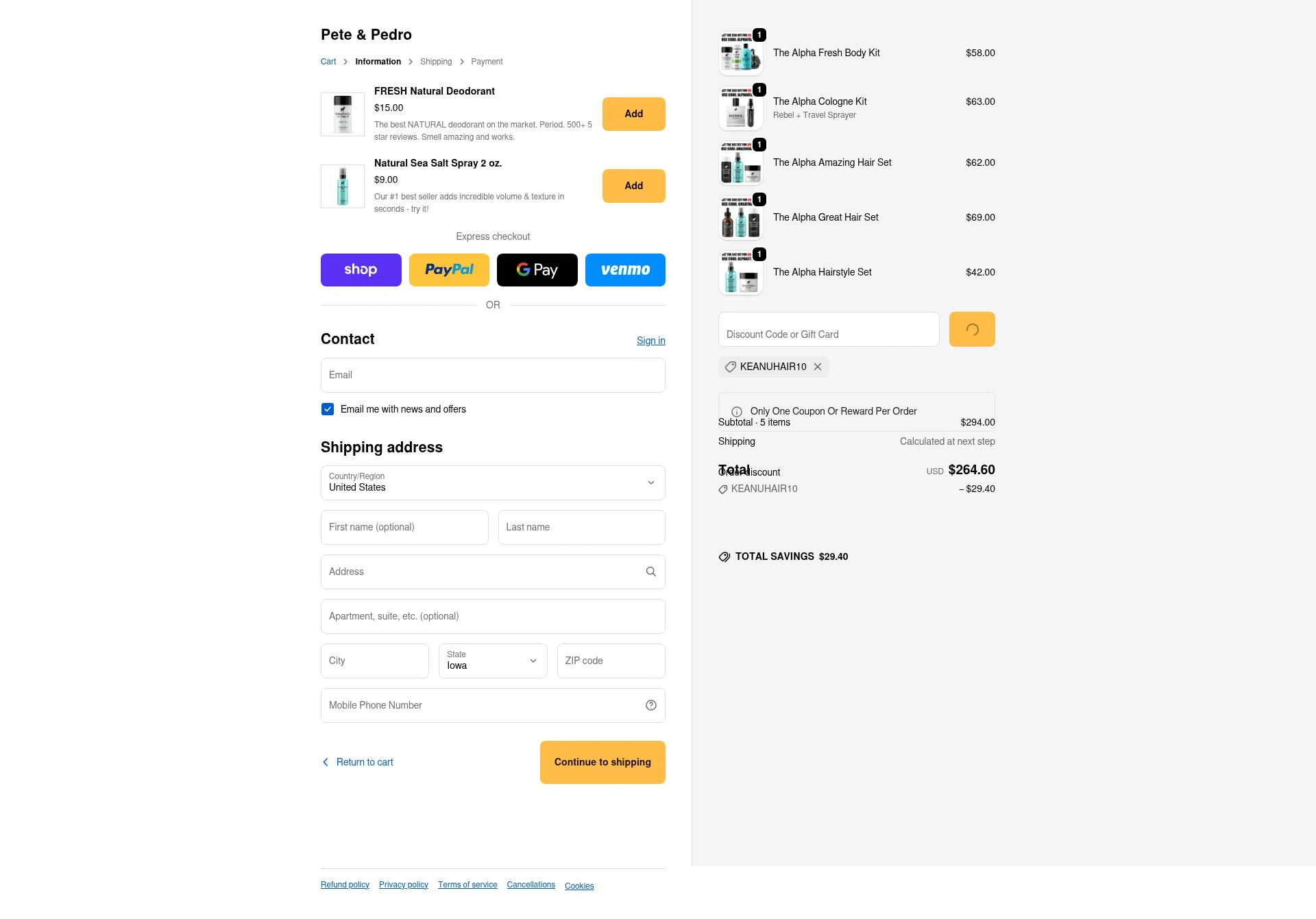 Pete & Pedro checkout page showing Pete & Pedro promo code box | Screenshot taken by SimplyCodes community member on Feb 11, 2026