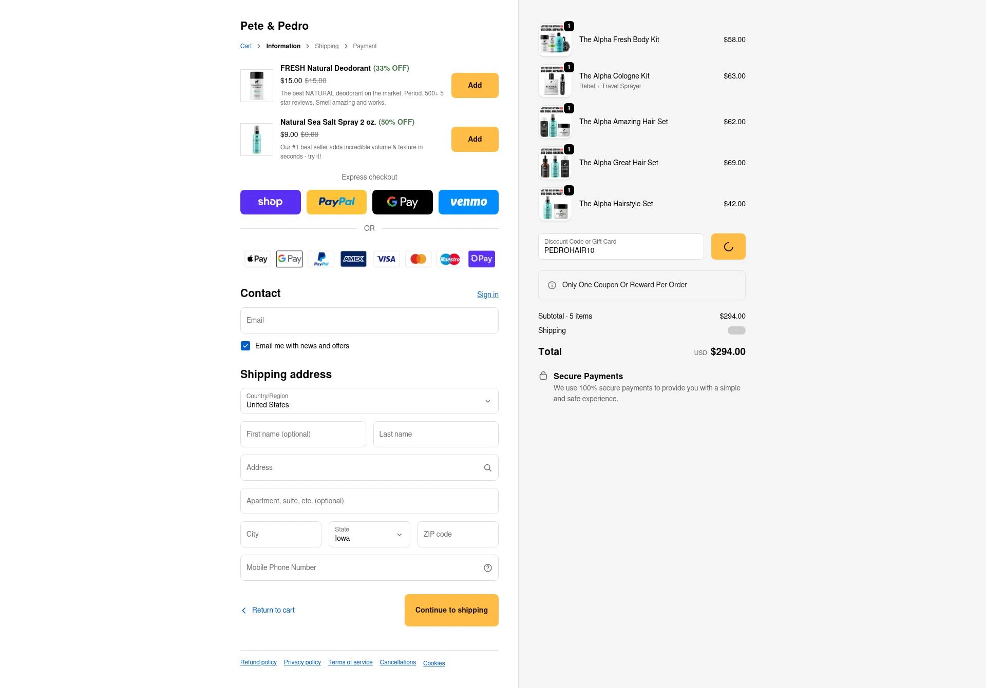 Pete & Pedro checkout page showing Pete & Pedro promo code box | Screenshot taken by SimplyCodes community member on Feb 11, 2026