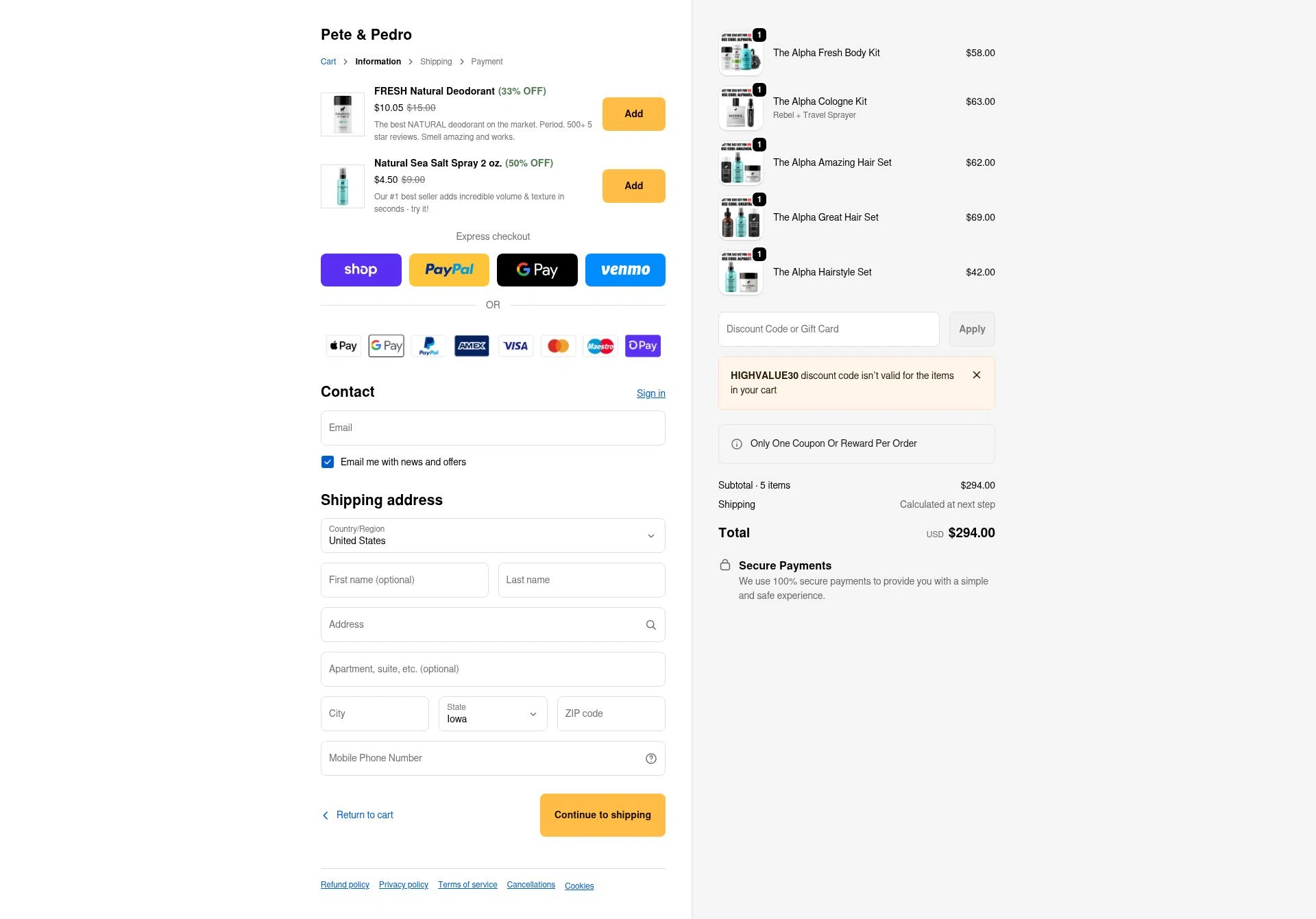 Pete & Pedro checkout page showing Pete & Pedro promo code box | Screenshot taken by SimplyCodes community member on Feb 11, 2026
