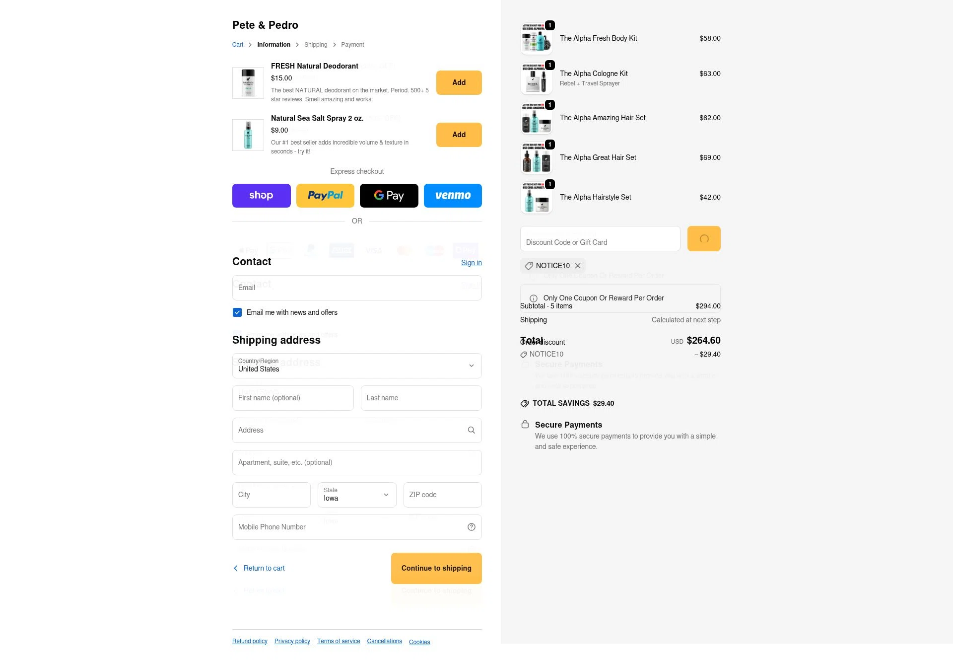 Pete & Pedro checkout page showing Pete & Pedro promo code box | Screenshot taken by SimplyCodes community member on Feb 11, 2026
