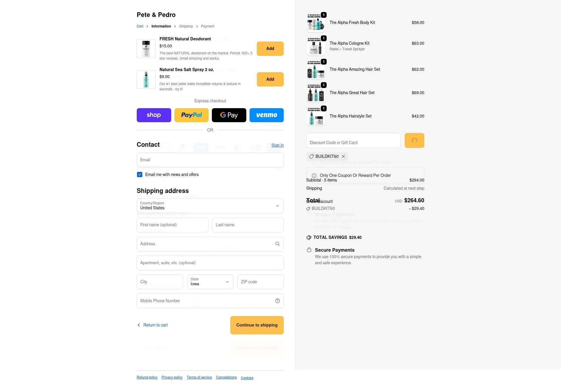Pete & Pedro checkout page showing Pete & Pedro promo code box | Screenshot taken by SimplyCodes community member on Feb 11, 2026
