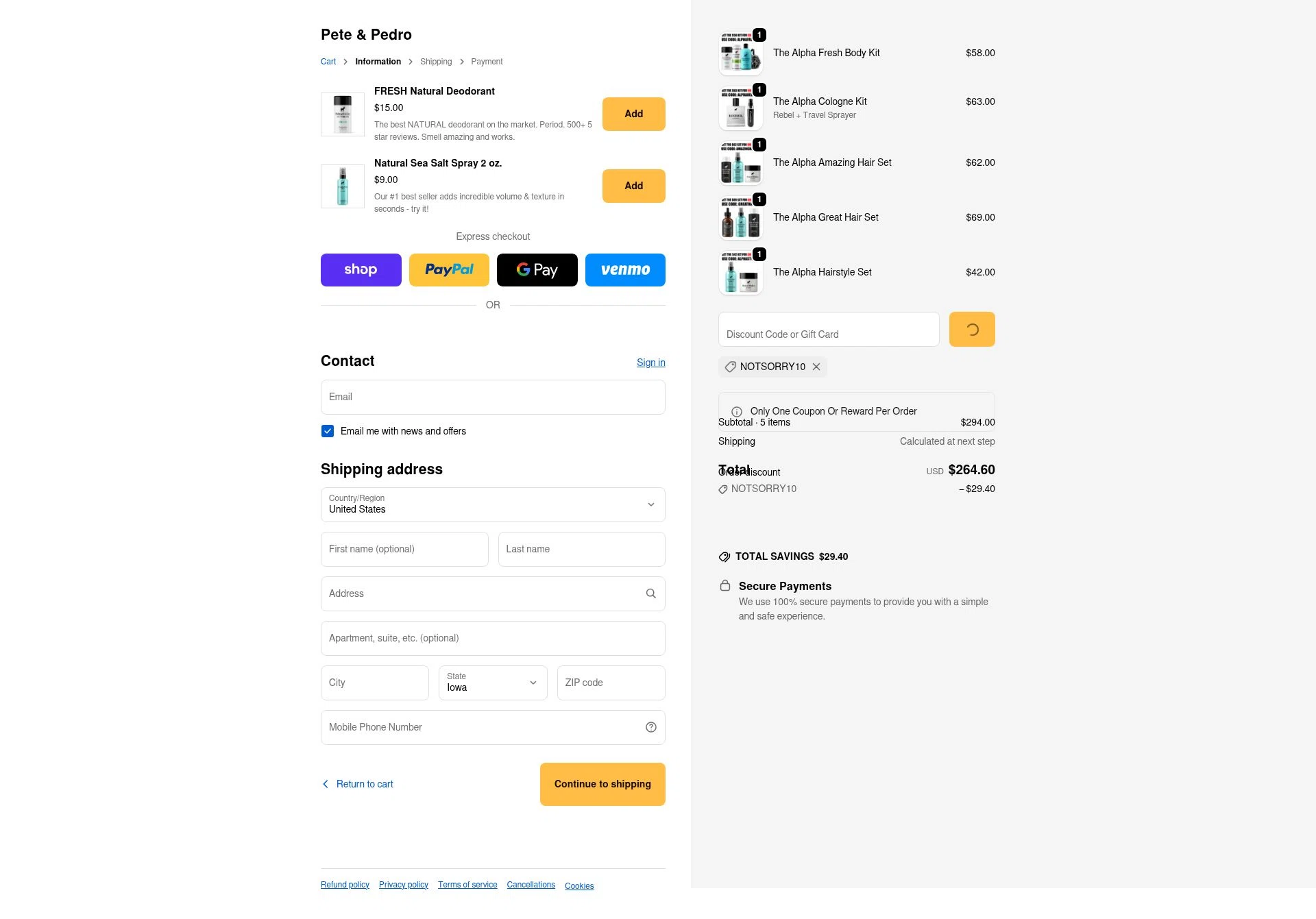 Pete & Pedro checkout page showing Pete & Pedro promo code box | Screenshot taken by SimplyCodes community member on Feb 11, 2026