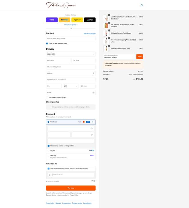 Peter Lama's checkout page showing Peter Lama's discount code box | Screenshot taken by SimplyCodes community member on Sep 11, 2025