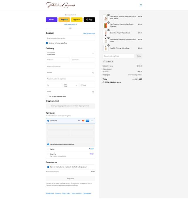 Peter Lama's checkout page showing Peter Lama's discount code box | Screenshot taken by SimplyCodes community member on Sep 11, 2025