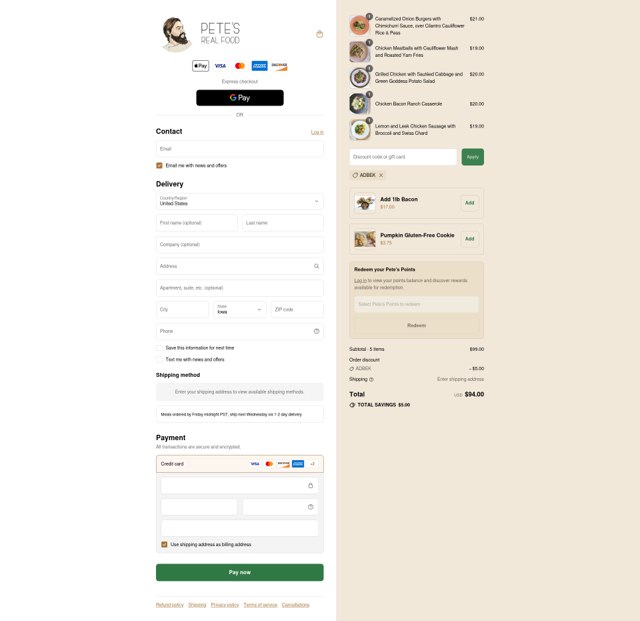 Pete's Real Food checkout page showing Pete's Real Food promo code box | Screenshot taken by SimplyCodes community member on Sep 6, 2025