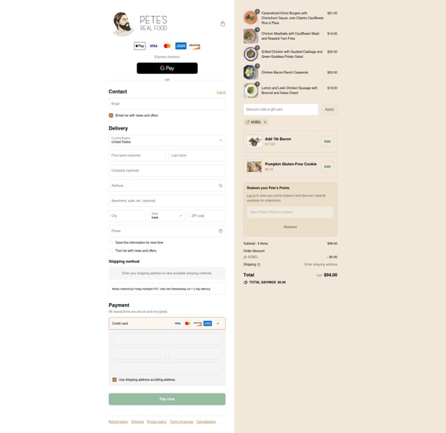 Pete's Real Food checkout page showing Pete's Real Food promo code box | Screenshot taken by SimplyCodes community member on Sep 6, 2025