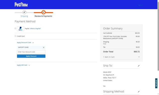 PetFlow checkout page showing PetFlow promo code box | Screenshot taken by SimplyCodes community member on Jul 23, 2025