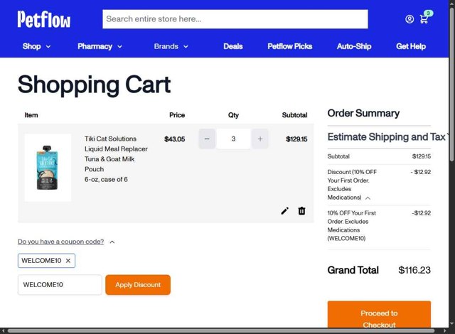 PetFlow checkout page showing PetFlow promo code box | Screenshot taken by SimplyCodes community member on Aug 25, 2025
