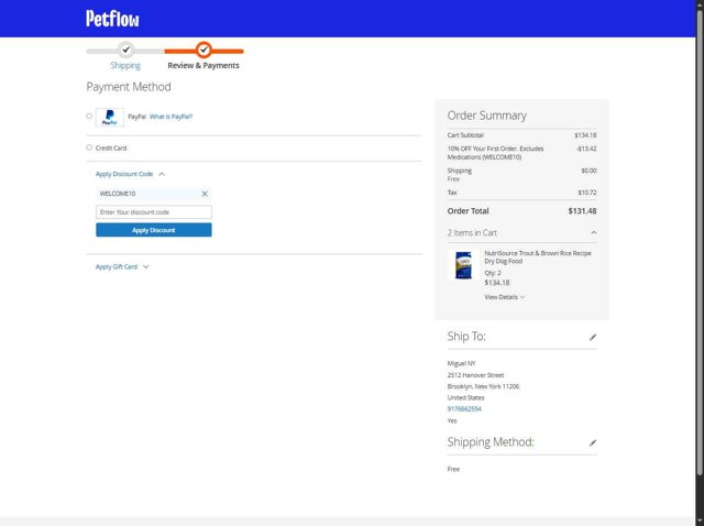 PetFlow checkout page showing PetFlow promo code box | Screenshot taken by SimplyCodes community member on Aug 22, 2025