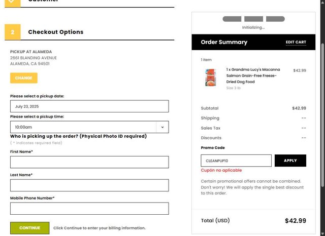 Pet Food Express checkout page showing Pet Food Express promo code box | Screenshot taken by SimplyCodes community member on Jul 23, 2025