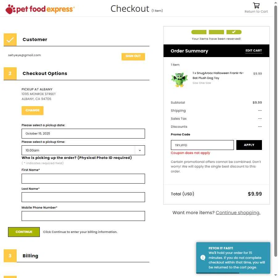 Pet Food Express checkout page showing Pet Food Express promo code box | Screenshot taken by SimplyCodes community member on Oct 15, 2025