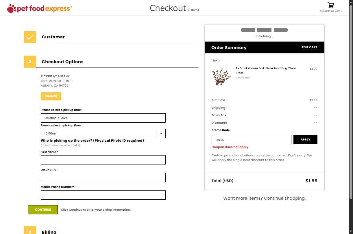 Pet Food Express checkout page showing Pet Food Express promo code box | Screenshot taken by SimplyCodes community member on Oct 15, 2025