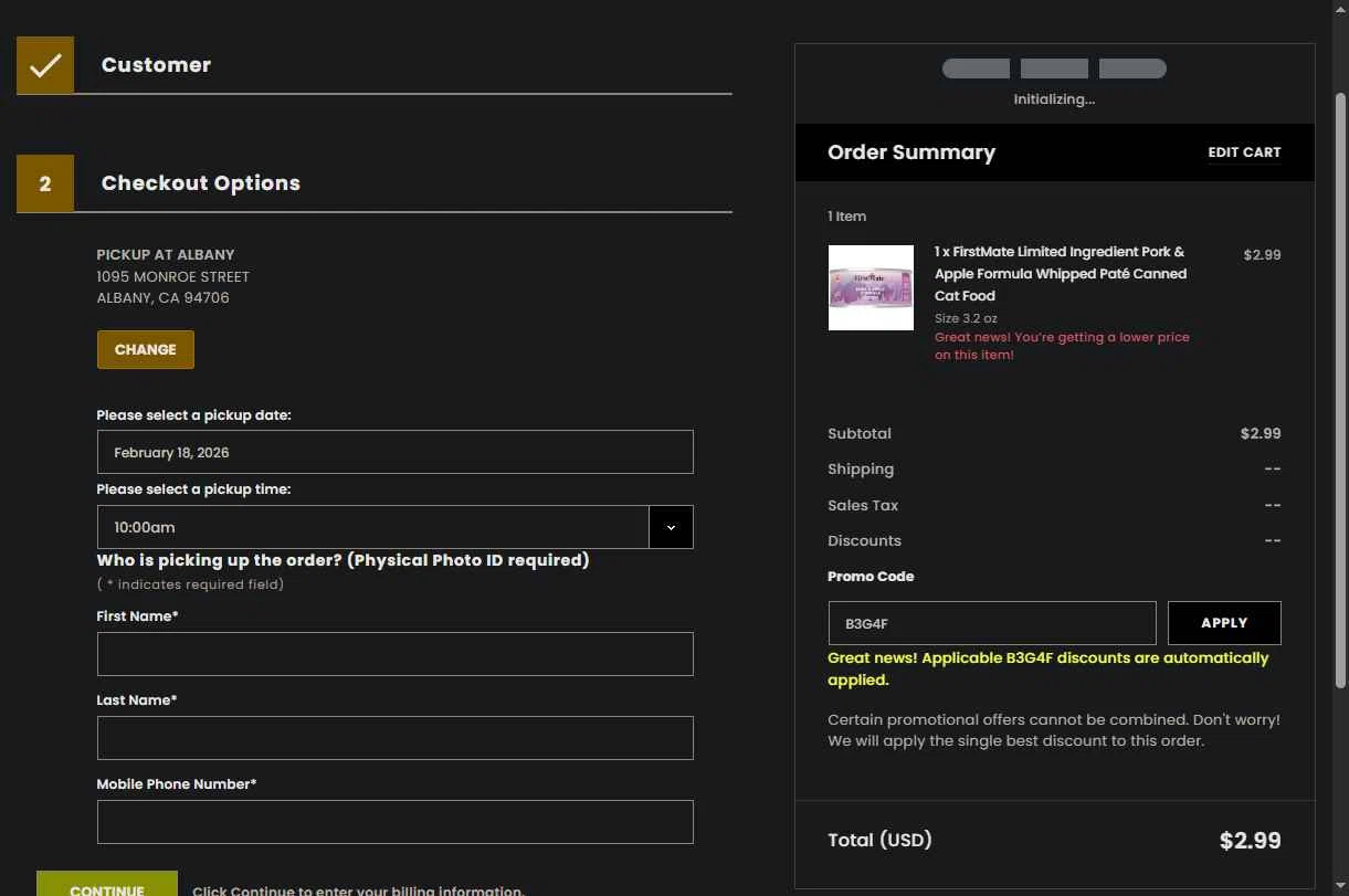 Pet Food Express checkout page showing Pet Food Express promo code box | Screenshot taken by SimplyCodes community member on Feb 18, 2026