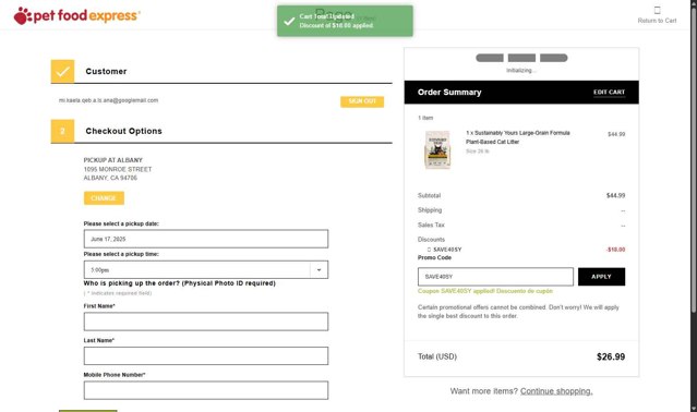 Pet Food Express checkout page showing Pet Food Express promo code box | Screenshot taken by SimplyCodes community member on Jun 17, 2025