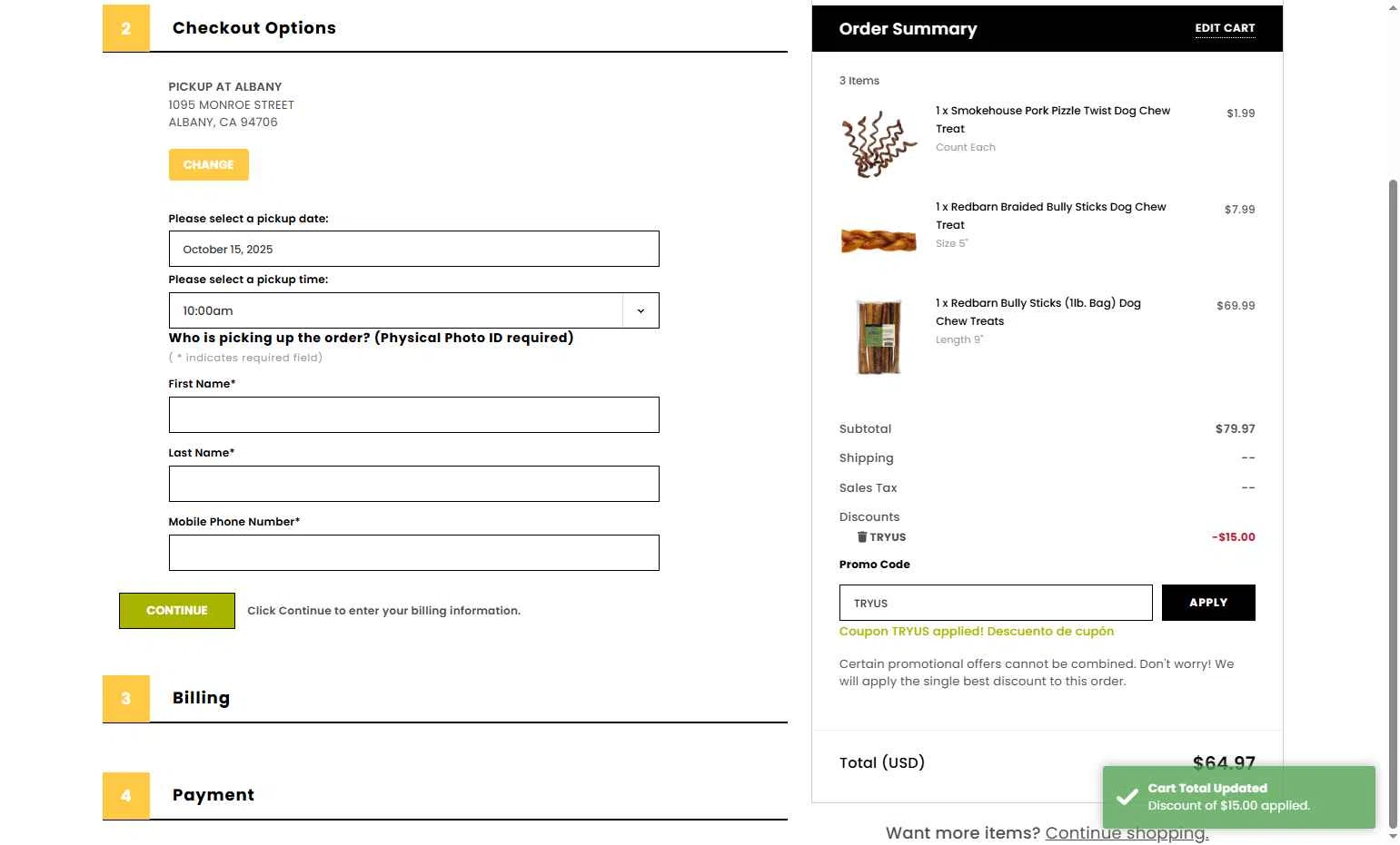 Pet Food Express checkout page showing Pet Food Express promo code box | Screenshot taken by SimplyCodes community member on Oct 15, 2025