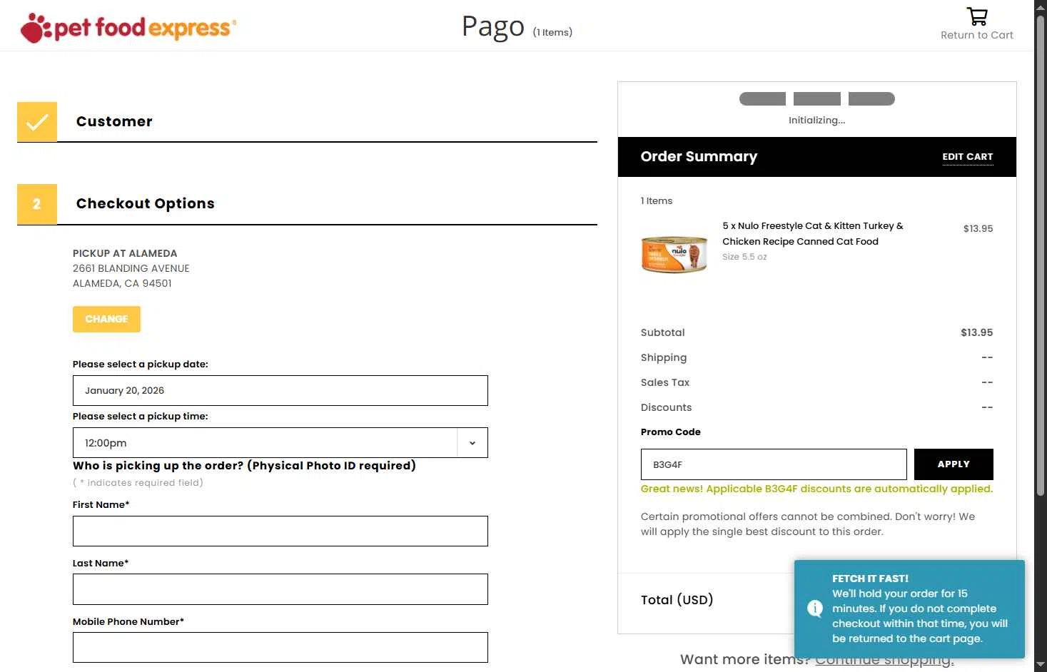 Pet Food Express checkout page showing Pet Food Express promo code box | Screenshot taken by SimplyCodes community member on Jan 20, 2026