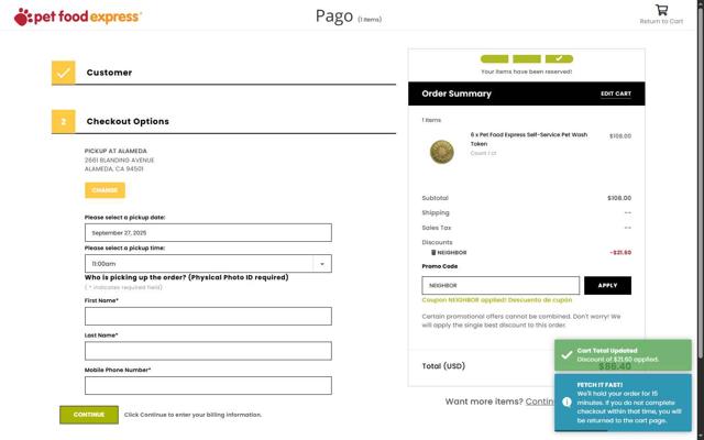 Pet Food Express checkout page showing Pet Food Express promo code box | Screenshot taken by SimplyCodes community member on Sep 27, 2025