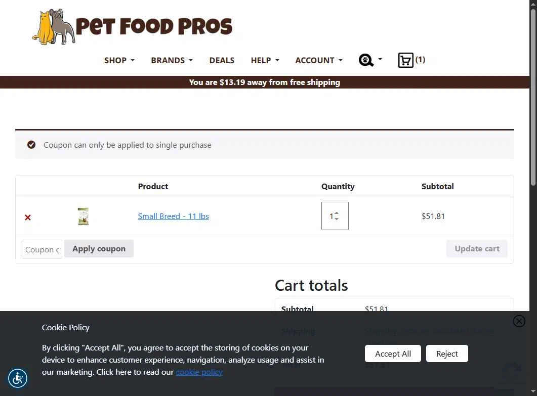PetFoodPros checkout page showing PetFoodPros promo code box | Screenshot taken by SimplyCodes community member on Jul 11, 2025