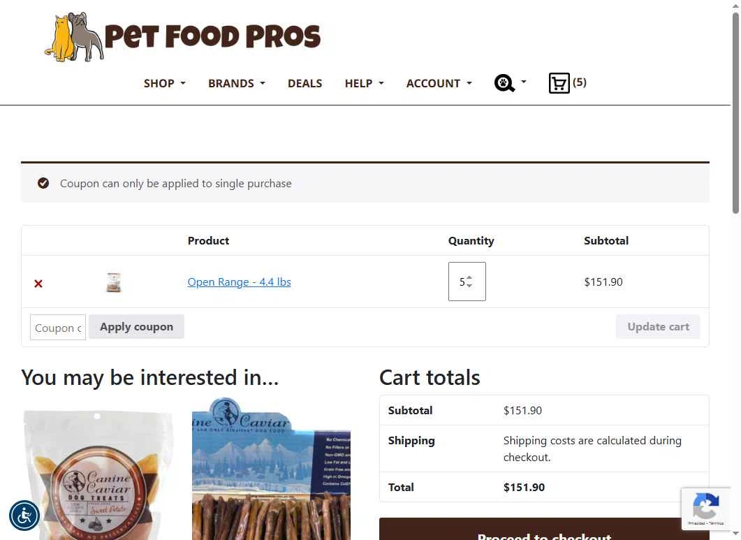 PetFoodPros checkout page showing PetFoodPros promo code box | Screenshot taken by SimplyCodes community member on Jul 11, 2025