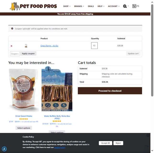 PetFoodPros checkout page showing PetFoodPros promo code box | Screenshot taken by SimplyCodes community member on Jul 29, 2025