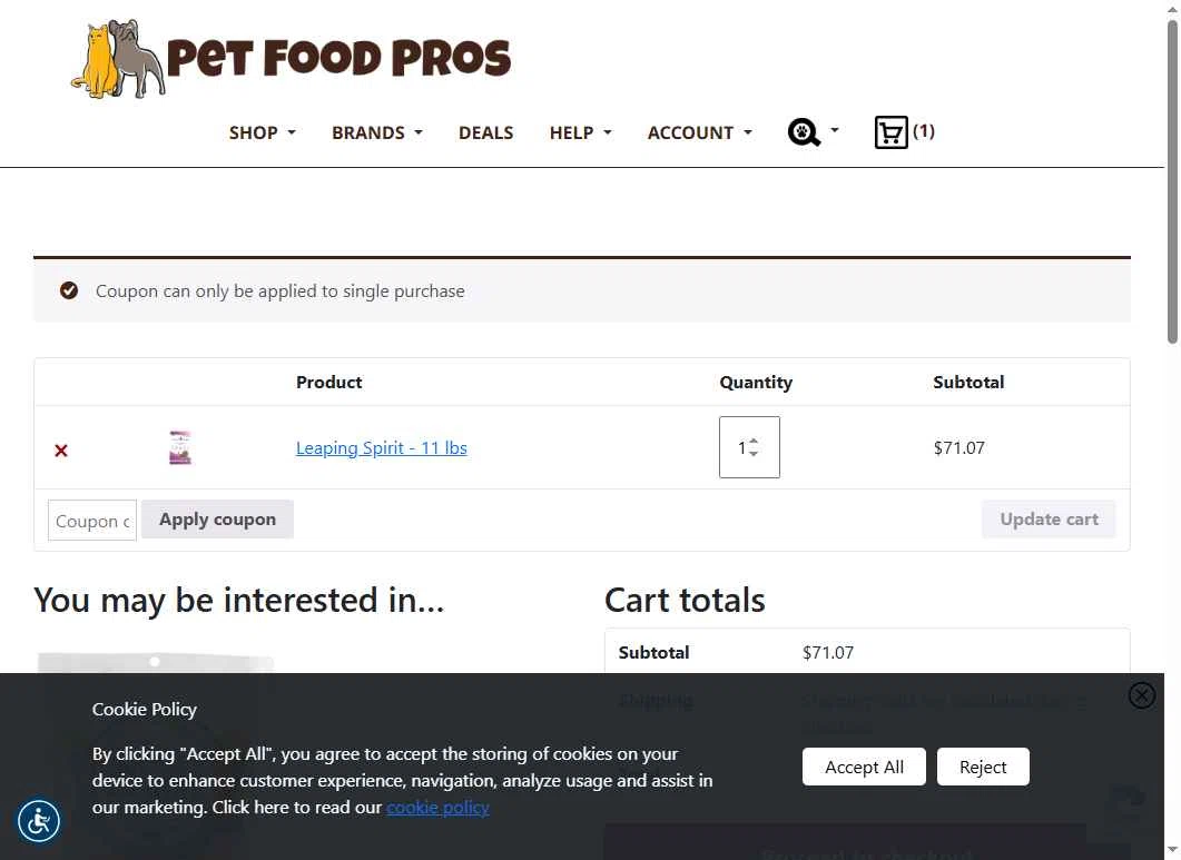 PetFoodPros checkout page showing PetFoodPros promo code box | Screenshot taken by SimplyCodes community member on Jul 11, 2025