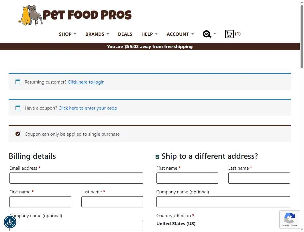 PetFoodPros checkout page showing PetFoodPros promo code box | Screenshot taken by SimplyCodes community member on Jul 11, 2025