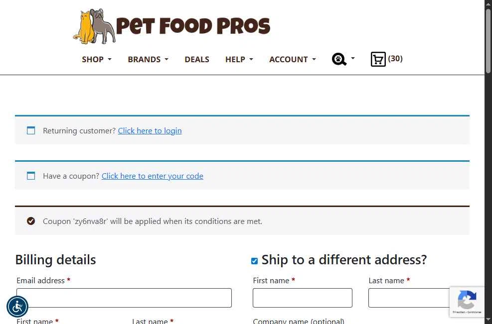 PetFoodPros checkout page showing PetFoodPros promo code box | Screenshot taken by SimplyCodes community member on Jul 29, 2025