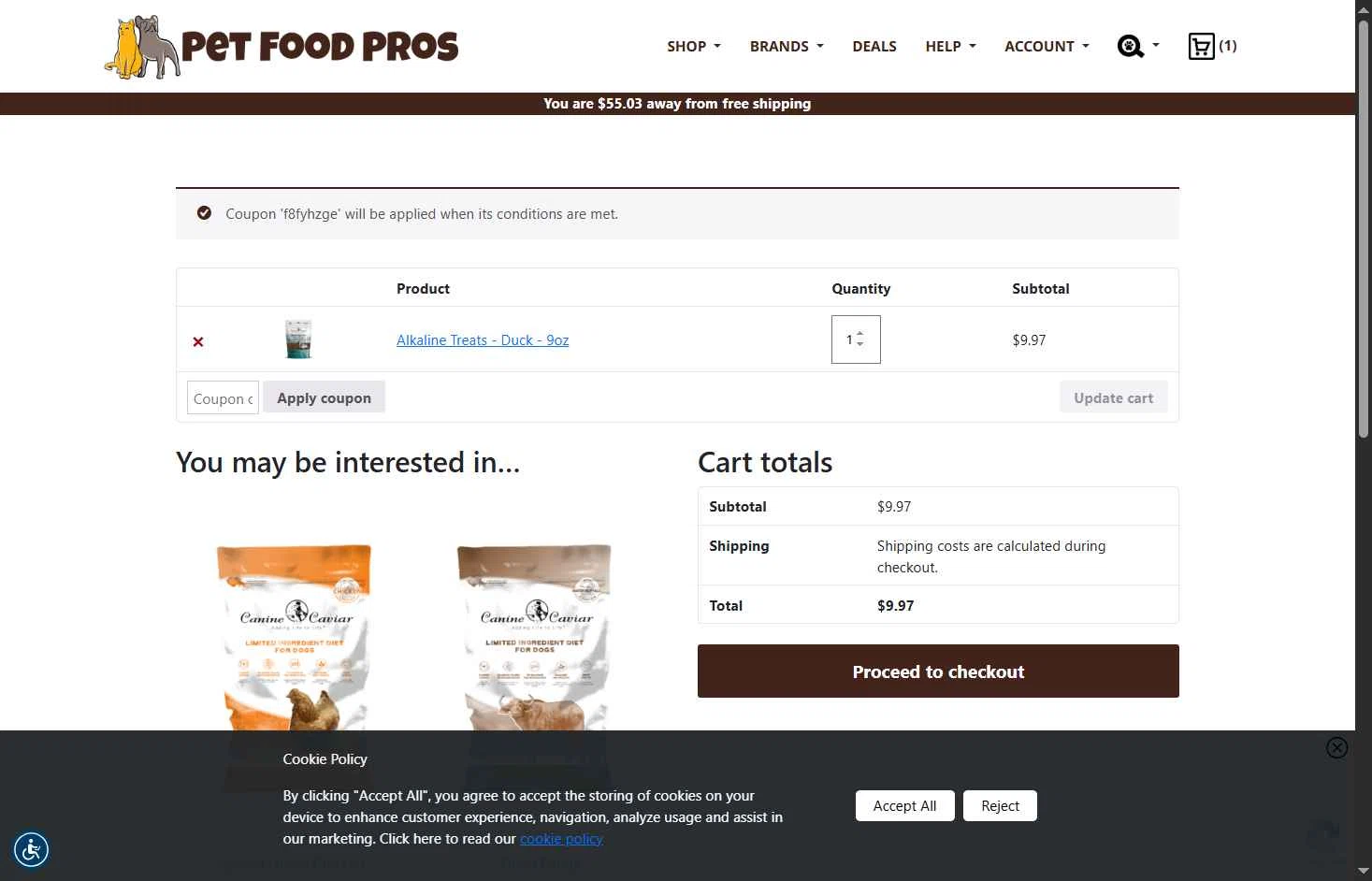 PetFoodPros checkout page showing PetFoodPros promo code box | Screenshot taken by SimplyCodes community member on Jul 29, 2025