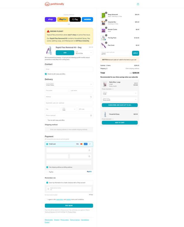 PetFriendly Box checkout page showing PetFriendly Box promo code box | Screenshot taken by SimplyCodes community member on Sep 14, 2025