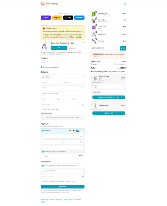 PetFriendly Box checkout page showing PetFriendly Box promo code box | Screenshot taken by SimplyCodes community member on Sep 14, 2025