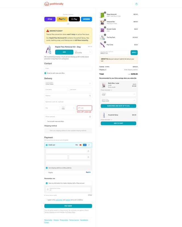 PetFriendly Box checkout page showing PetFriendly Box promo code box | Screenshot taken by SimplyCodes community member on Sep 14, 2025