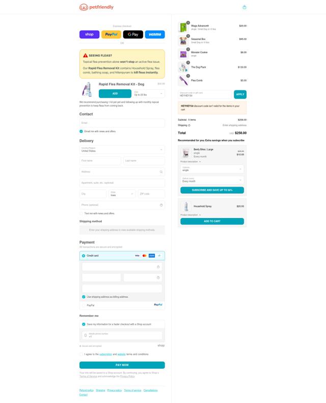PetFriendly Box checkout page showing PetFriendly Box promo code box | Screenshot taken by SimplyCodes community member on Sep 14, 2025