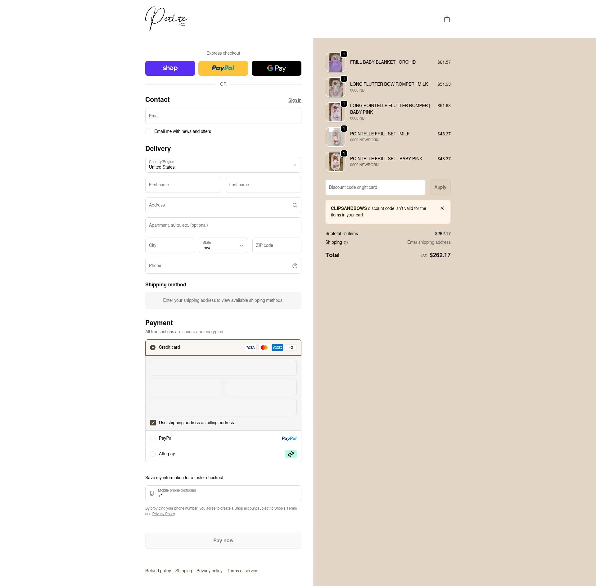 Petite Co au checkout page showing Petite Co au promo code box | Screenshot taken by SimplyCodes community member on Feb 14, 2026